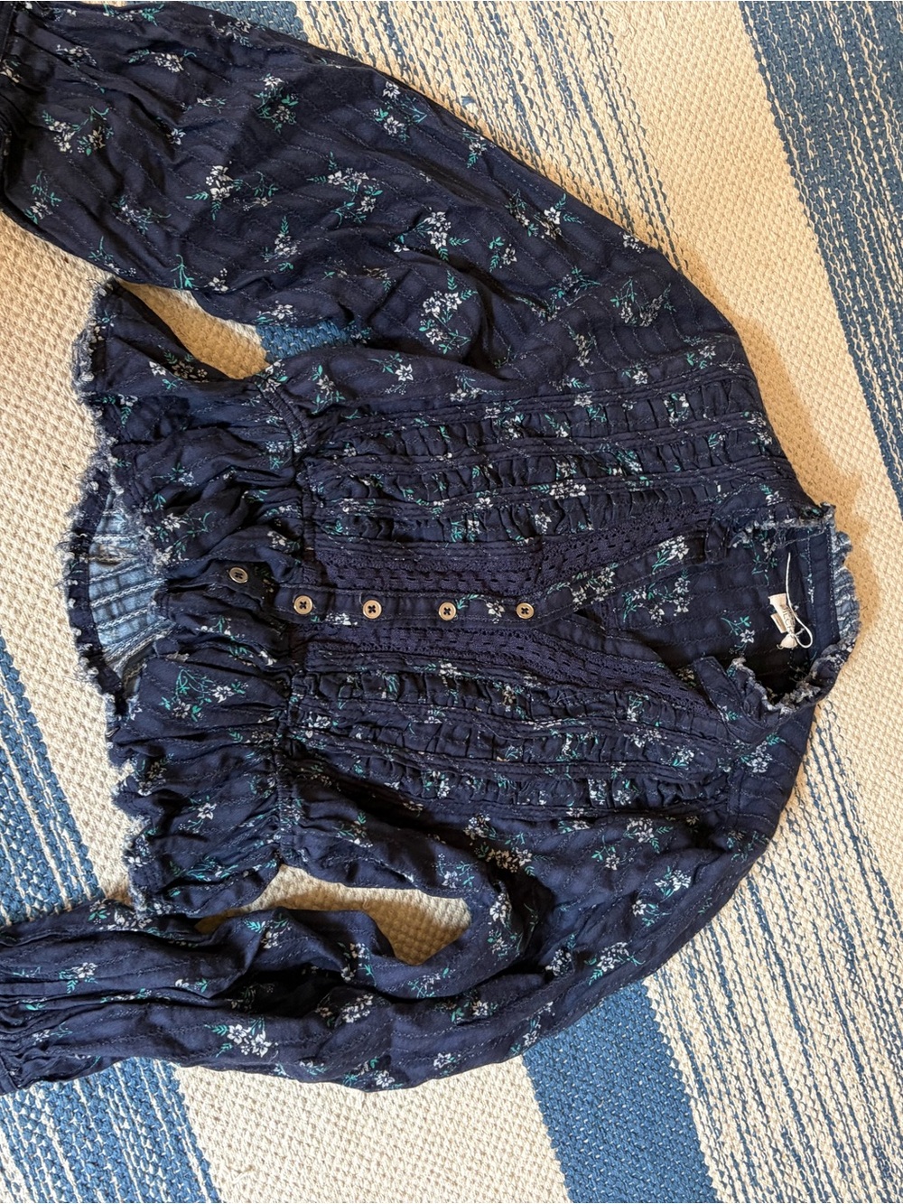 Anthropologie Navy Floral Smocked Button-Front Blouse